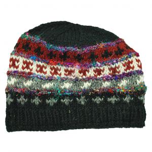 100% Woolen Hand Knit Hat with Raw Silk Stripes Fleece Lined Hat - Black