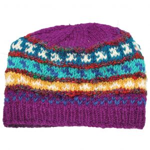 100% Woolen Hand Knit Hat with Raw Silk Stripes Fleece Lined Hat - Purple